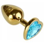 05 Анальная пробка золото МАЛАЯ с голубым кристаллом сердечко 7 см х 2,8 см